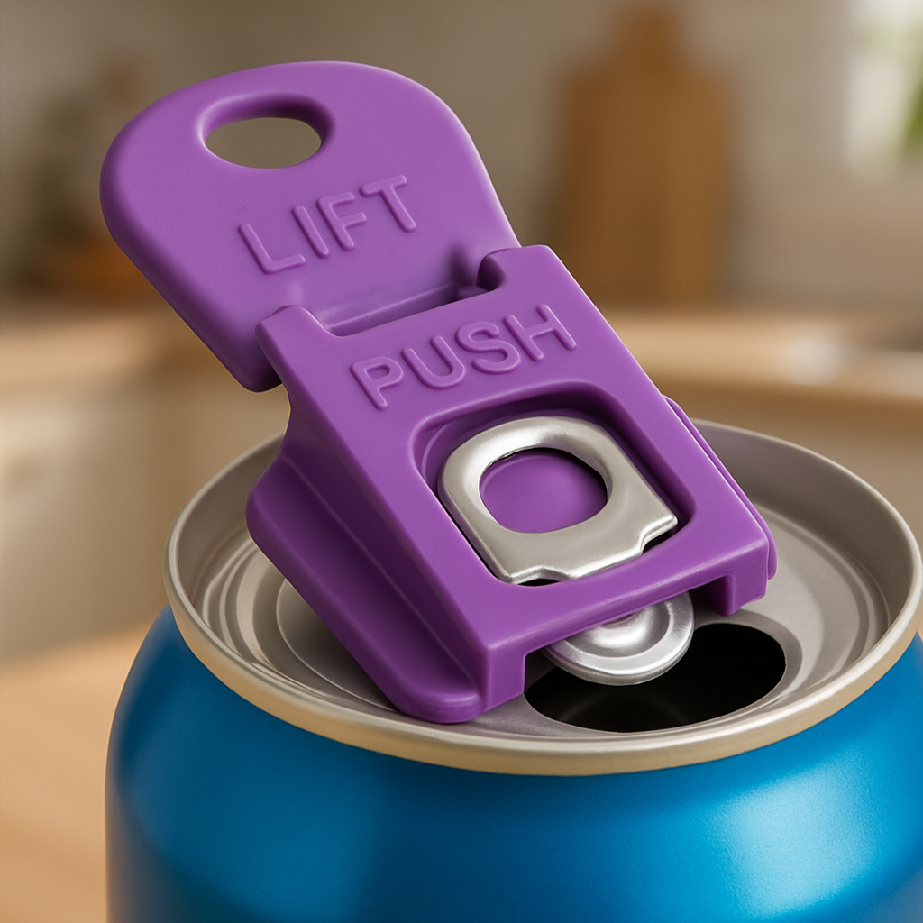 Purple can opener on a blue can with a blurred kitchen background