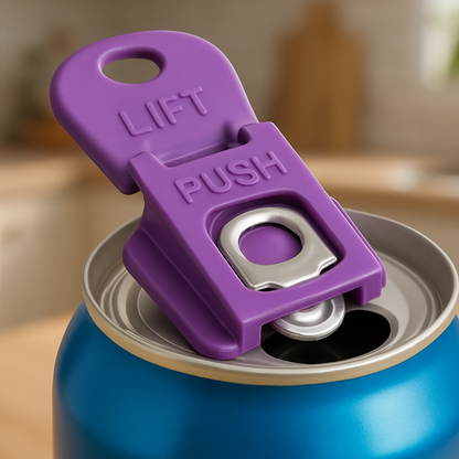 Purple can opener on a blue can with a blurred kitchen background